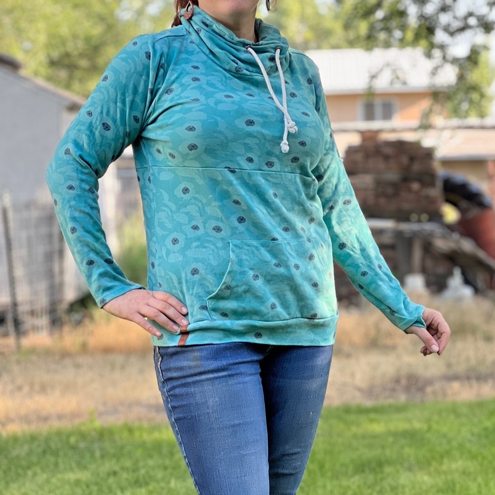 Ampersand Teal Cowl Neck Hoodie Sweater W/Pocket